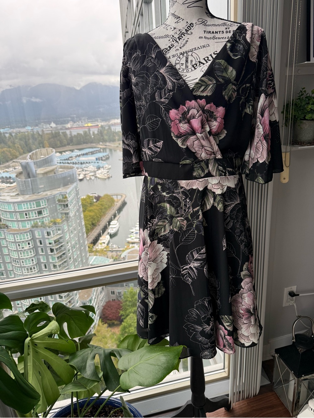 Floral V-Neck A-Line Dress in Black and Pink